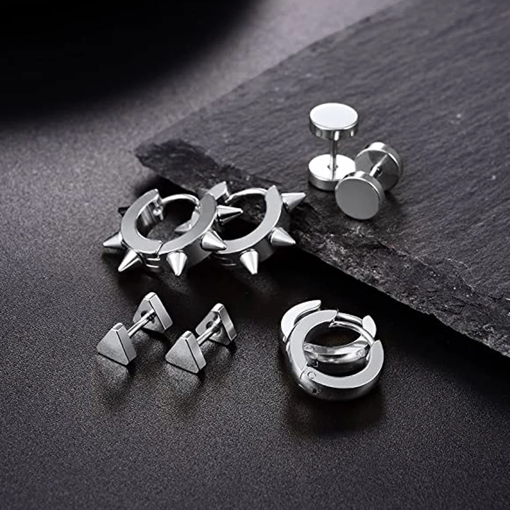 

4 Pair Punk Style Stainless Steel Rivet Triangle Rond Hoop Earrings Stud Earrings For Men Women Statement Jewelry