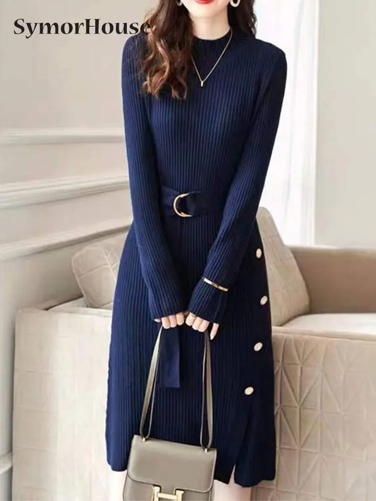 

Осенне-зимнее трикотажное облегающее платье, женский эластичный свитер с круглым вырезом, однобортное платье миди с разрезом и ремнем