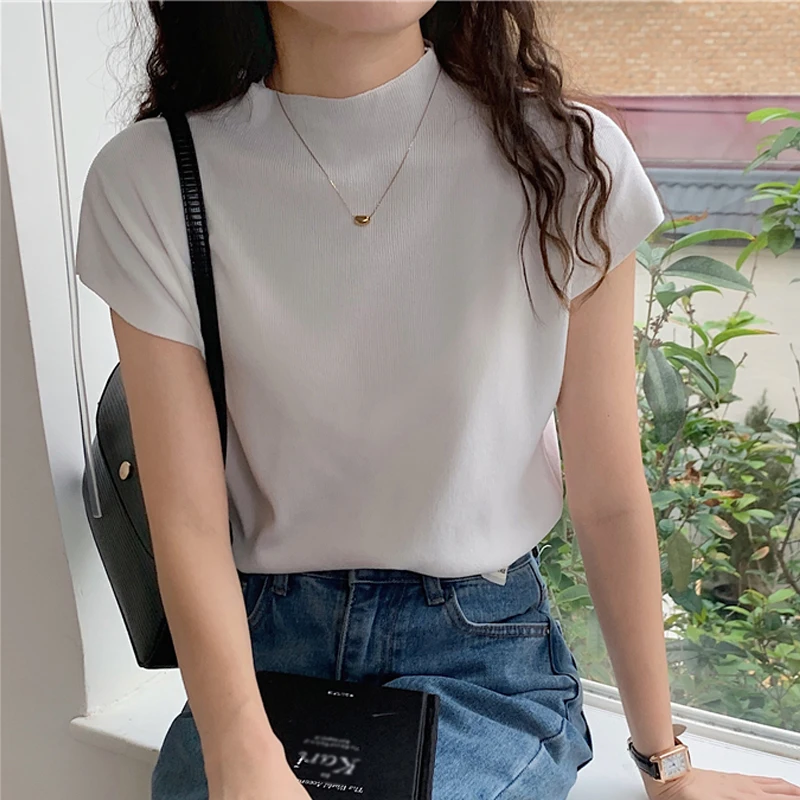 

2023 Summer Short Sleeve Blouse Women Ice Silk Knit Tops Fashion Casual Shirt Solid Slim Fit Half High Collar New Clothes 20613