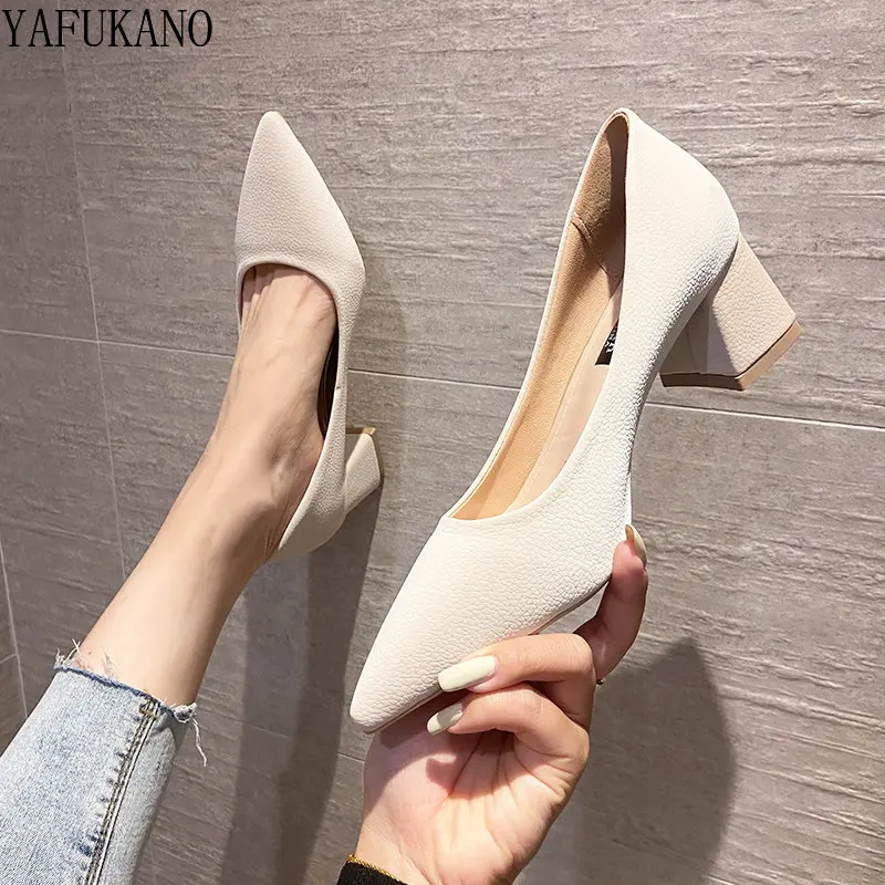 

Туфли женские из сплит-кожи, заостренный носок, высокий толстый каблук 5 см, удобная повседневная обувь для офиса и работы