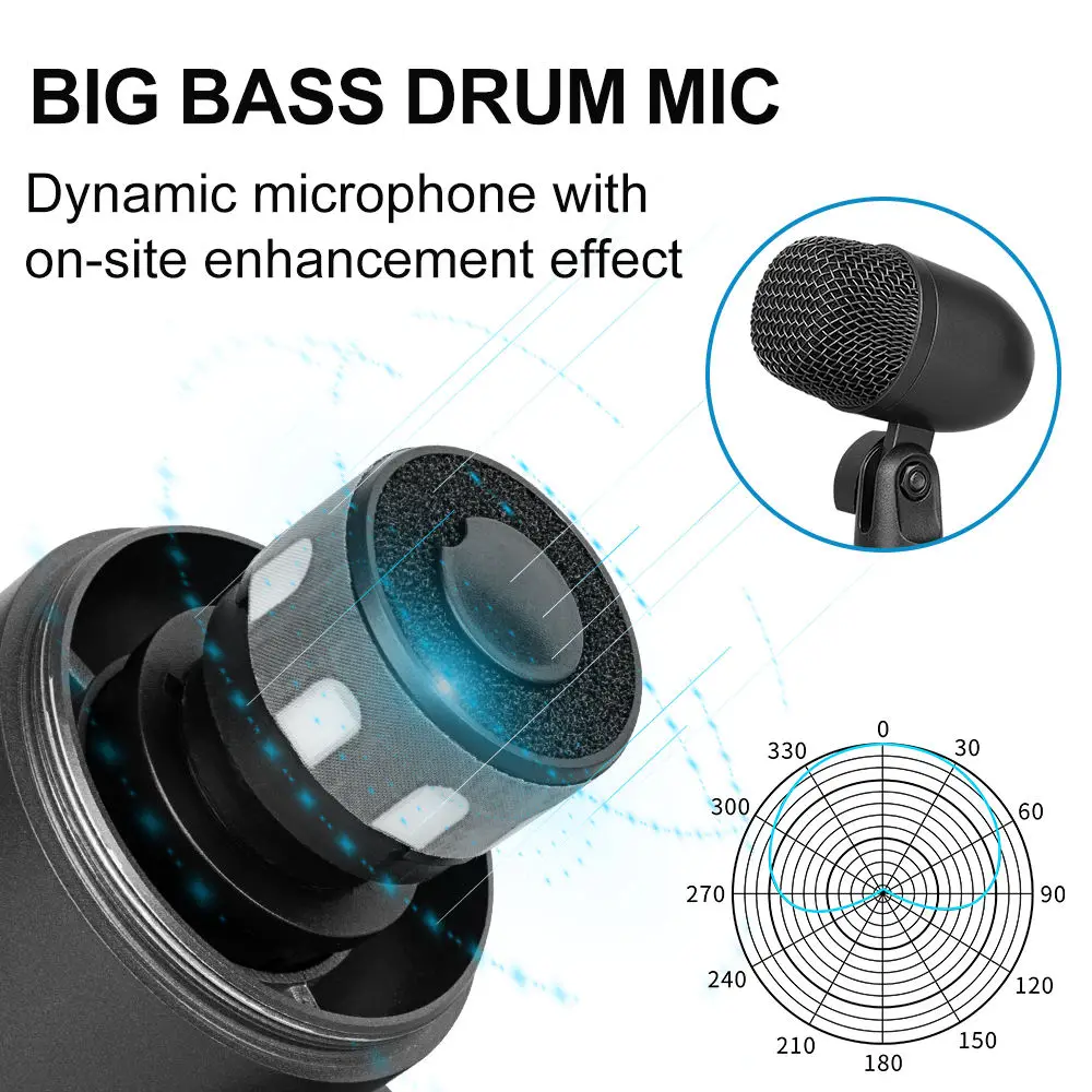 Фото FLALWREO Проводной динамический барабанный микрофон Bass/Kick Instrument Tom/Snare, набор микрофонов для студийной записи и живого выступления №4