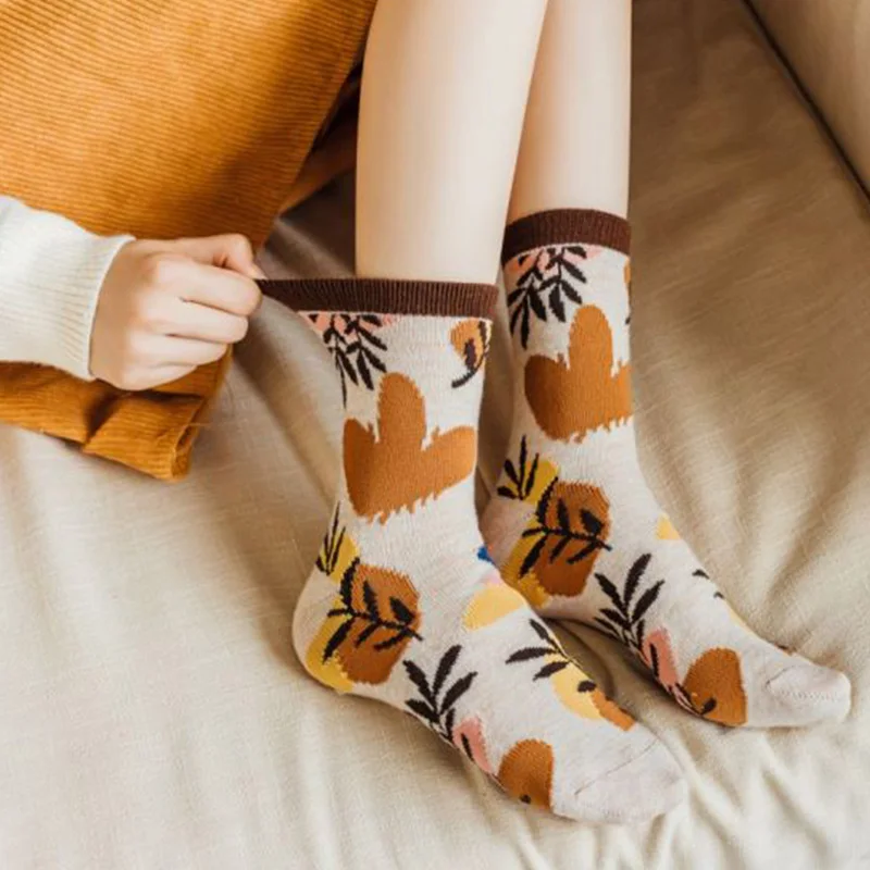 5 Pair Leg Warmers Harajuku Frilly Socks Women Kawaii Slouch Wool Long Winter Socks Set Cute Cycling Flower Print Fashion Lolita