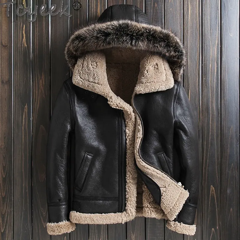 

Tcyeek Winter Jackets for Men 2022 New Real Fur Coat Natural Seepskin Fur Coats Warm Genuine Leather Jacket Hood Detachable FCY