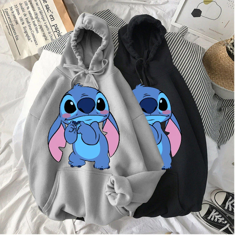 

Disney Stitch Hoodies Women Harajuku Pullovers Cute Kawaii Casual Tops O-Neck Angel Print Hooded Sweatshirt Long Sleeves