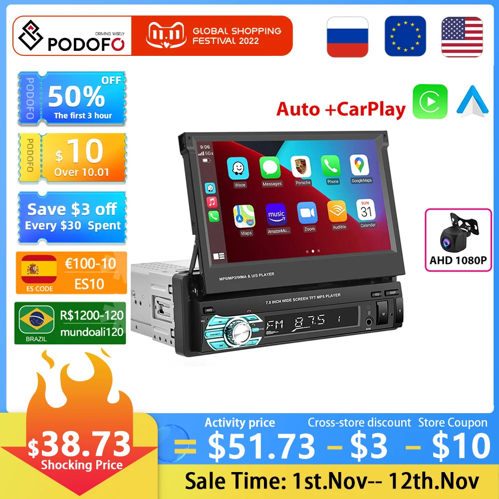 

Podofo 1din Car Radio CarPlay GPS Navigation 7" IPS Retractable Screen 1 Din Android 10 Multimedia Player Universal Audio Video