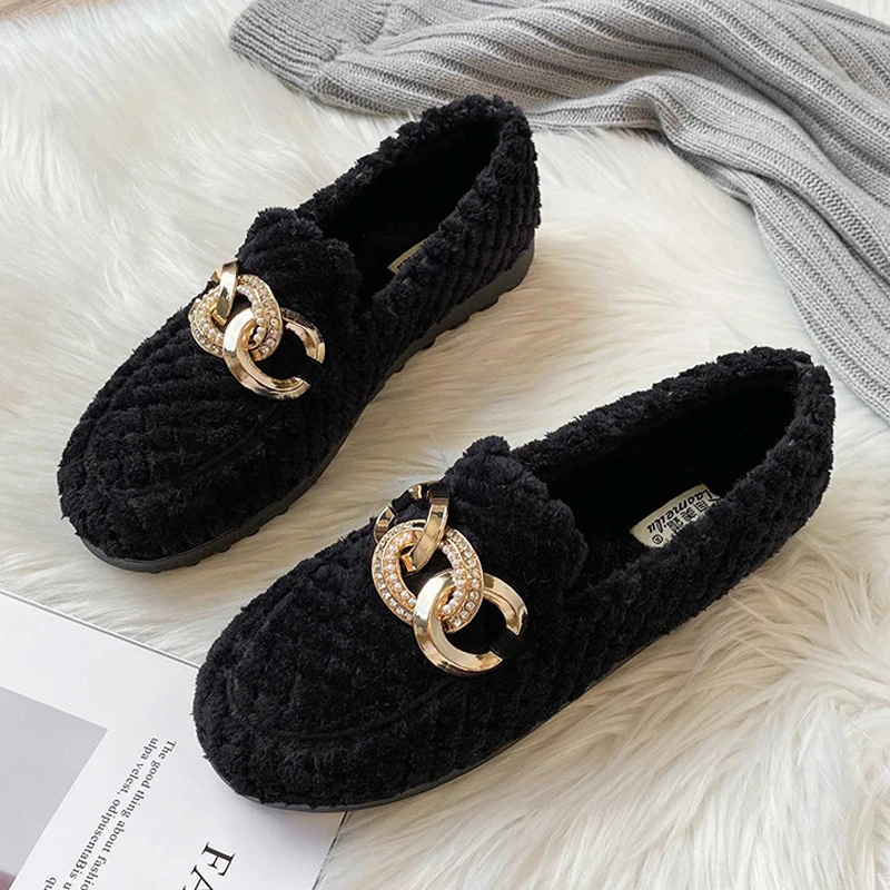 Brand Winter Cotton Fur Flats Women Thicken Soled Wool Loafers Ladies Comfy Lambswool Moccasin Big Size 42/43 Shoes