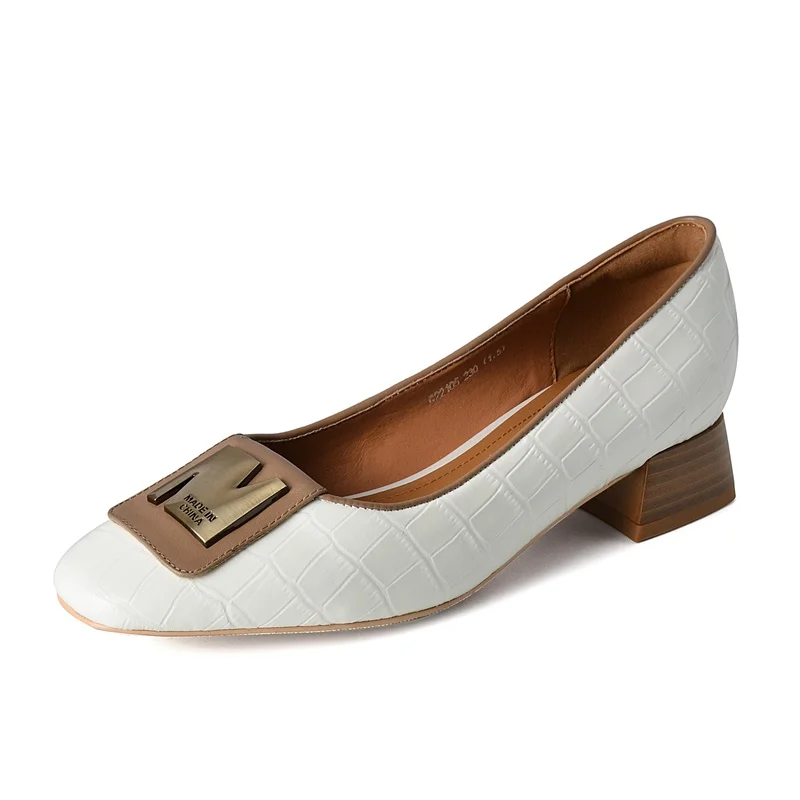 genuine leather pumps fashion metal buckle women shoes square toe shoes woman pumps thick high heels party basic lady shoes