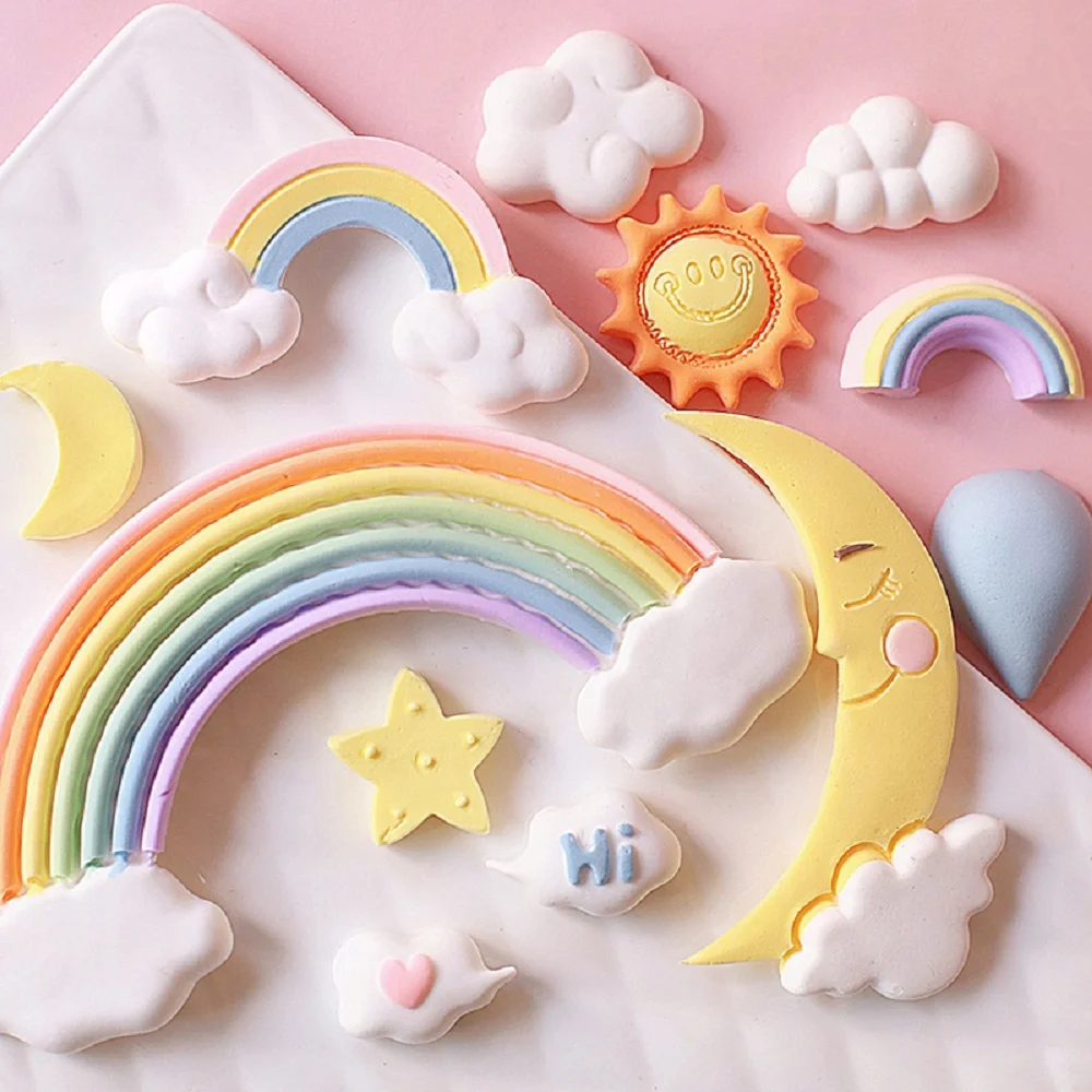 

Rainbow Clouds Hot Air Balloon Moon Sun Baby Birthday Cake Topper Silicone Tools Wedding Party Cupcake Dessert Baking Decoration