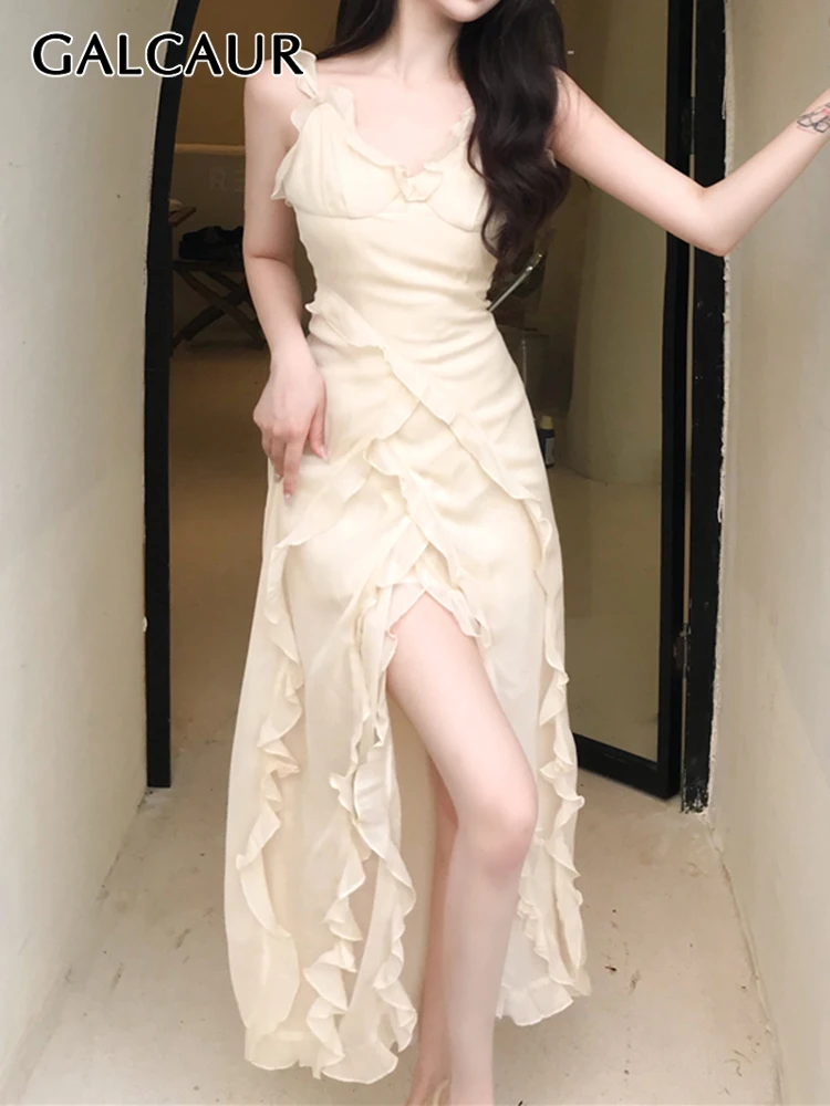 

GALCAUR Plain Dress For Women V Neck Sleeveless Patchwork Ruffle High Waist Maxi Dresses Female 2022 Summer Fashion Clothing New