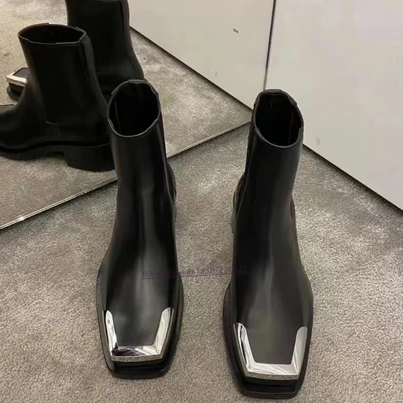 Square Toe Metal Toe Thick Heel Chelsea Boots 2022 Autumn and Winter New Niche Design Short Boots