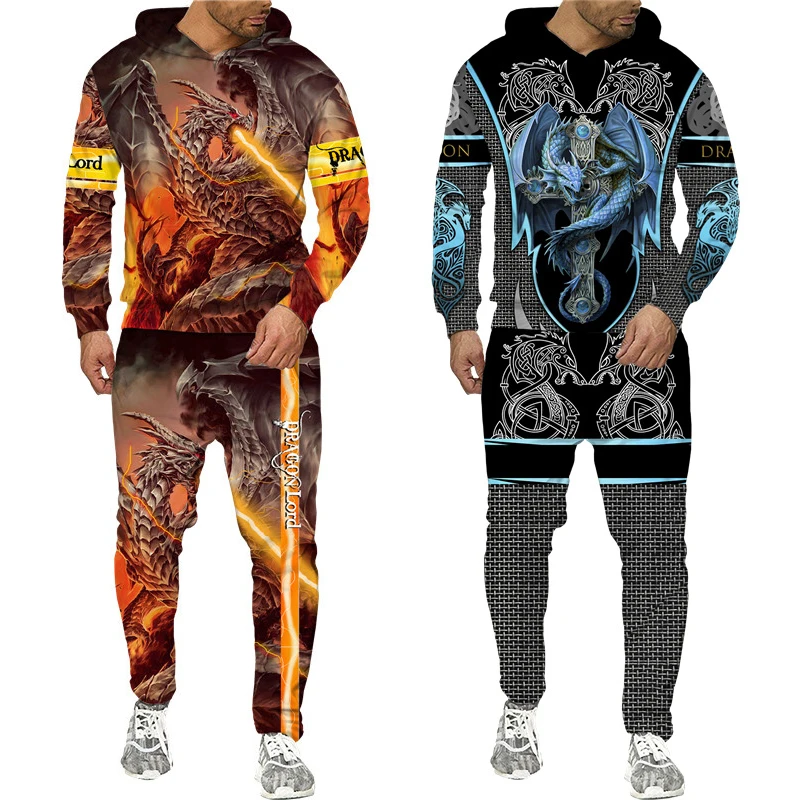 Мужской спортивный костюм с 3D-принтом летающего дракона толстовка капюшоном и