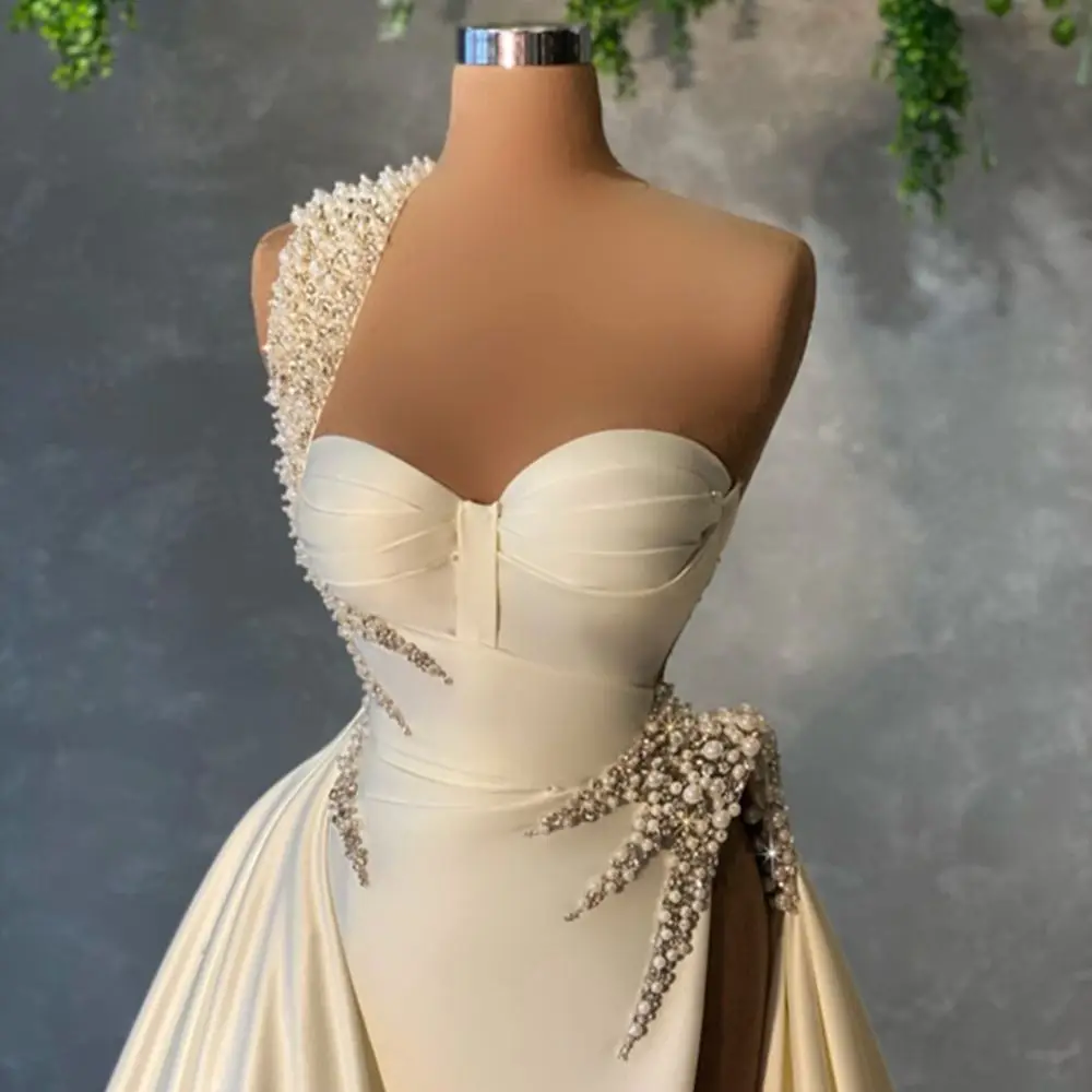 

Haute Couture Split Silt Evening Celebrity Dresses Wedding Party Gowns 2022 Dubai Arabic Customized Pearls Celebrity Dress Robes