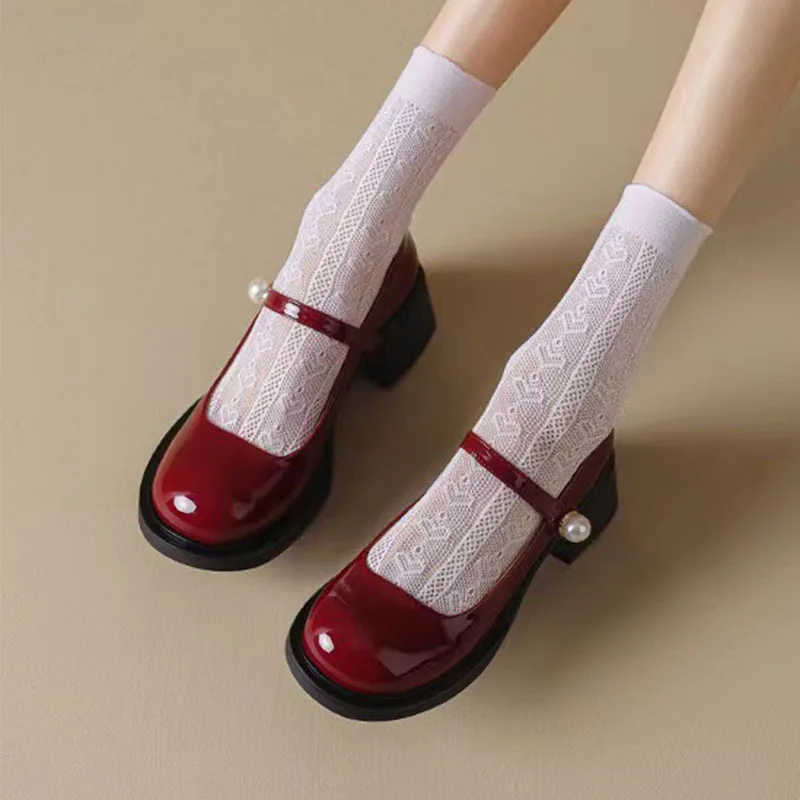 

2023 Women's Mary Janes High Heels Fashion Round Toe Shallow Block Heels Pumps Luxury Patent Leather Dress Shoes Lolita Heels