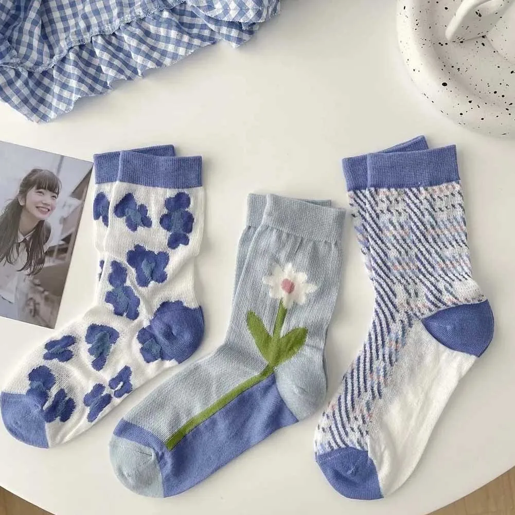 

Новинка, синие носки, женские носки-трубы, носки-трубы в полоску с цветами, популярные Стильные мужские и женские чулки для пар