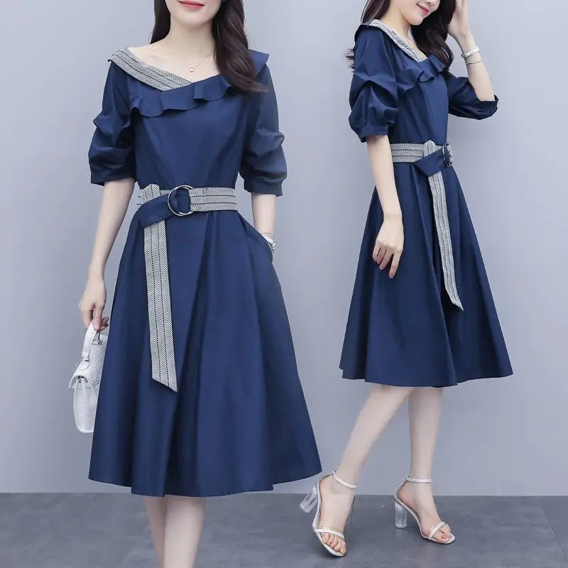 

Office Lady Elegant V-Neck Spliced Dresses 2023 Summer Half Sleeve A-Line Stylish Solid Color Casual Sashes Ruffles Midi Dress