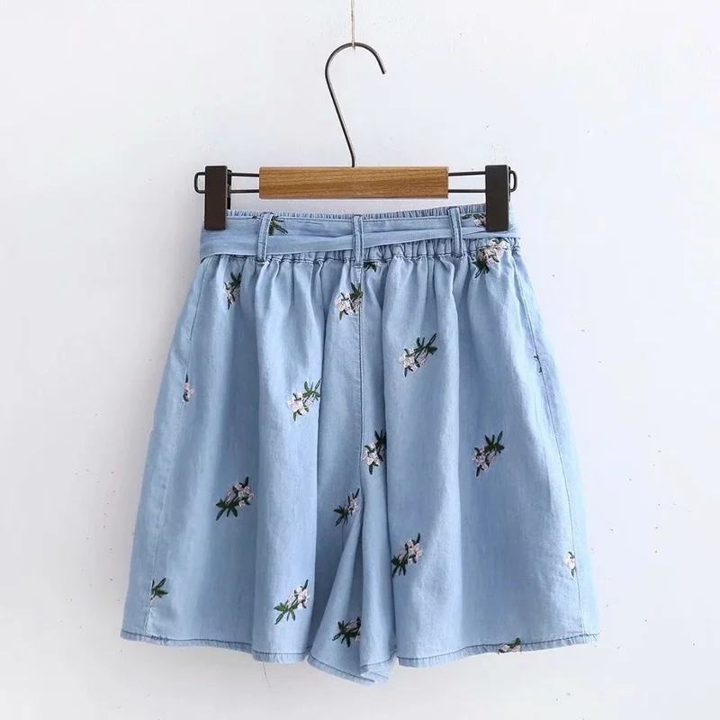 Summer Women Elastic High Waist Floral Embroidery Blue Short Jeans with Pockets Female Korean Style Lace Up Denim Shorts Casual