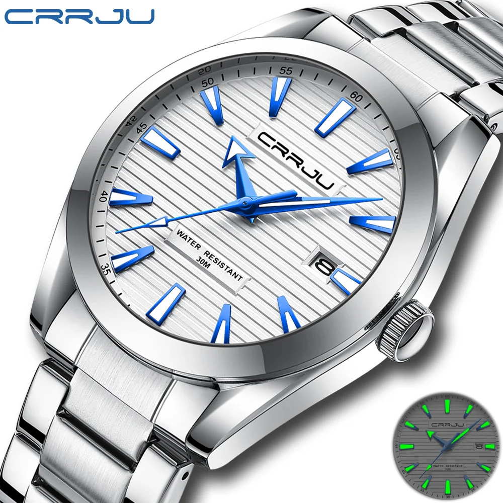 CRRJU часы Мужские Простые модные тонкие Дата роскошный дизайн нержавеющая сталь