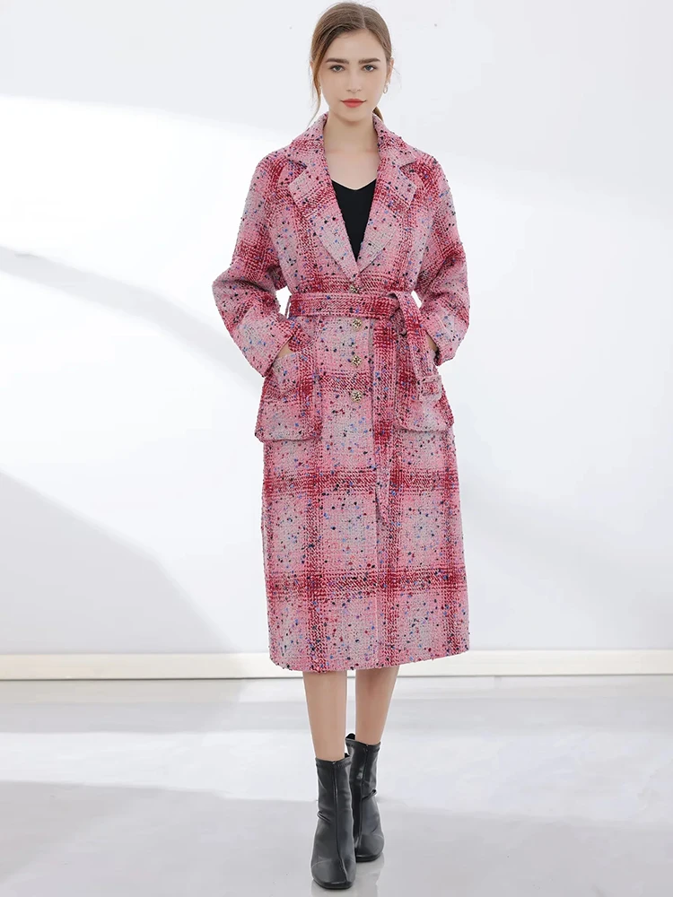 

MoaaYina Designer Autumn Winter Fashion Plaid Tweed Coat Women's Long Sleeve Single-breasted Belted Pocket Pink Overcoat Outwear