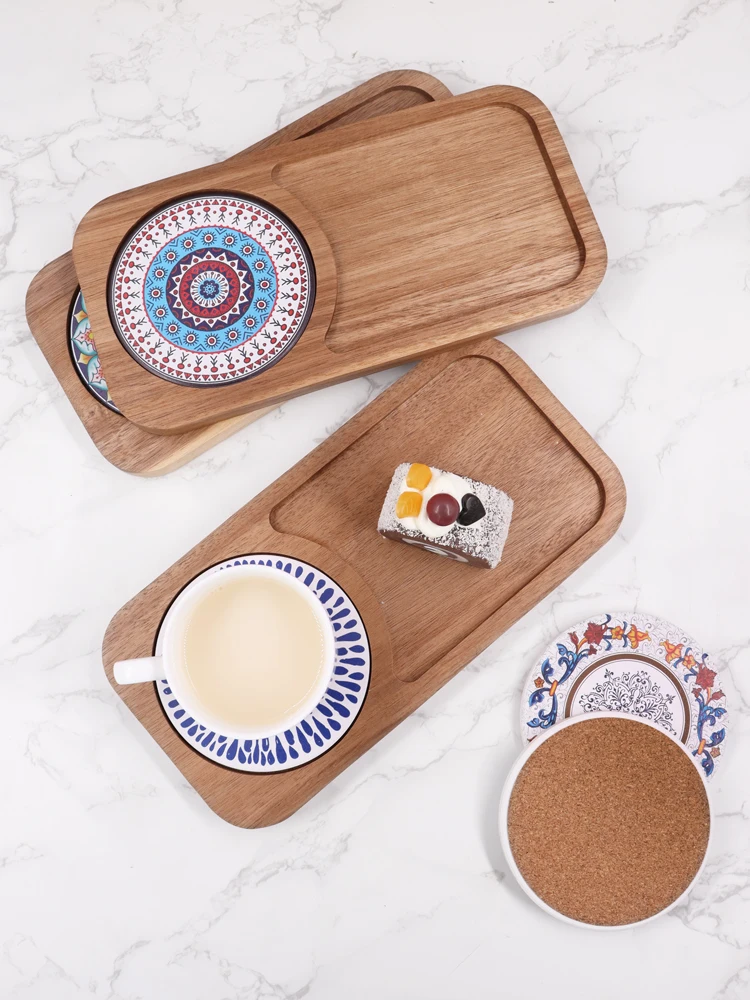 

Japan Style Acacia Wood Tea Tray with Diatom Mud Coaster Eco Breakfast Plate Coffee Tray Multi Use Storage Tray Tableware