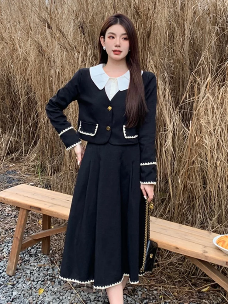 Женский винтажный костюм из 2 предметов элегантный черный пиджак и