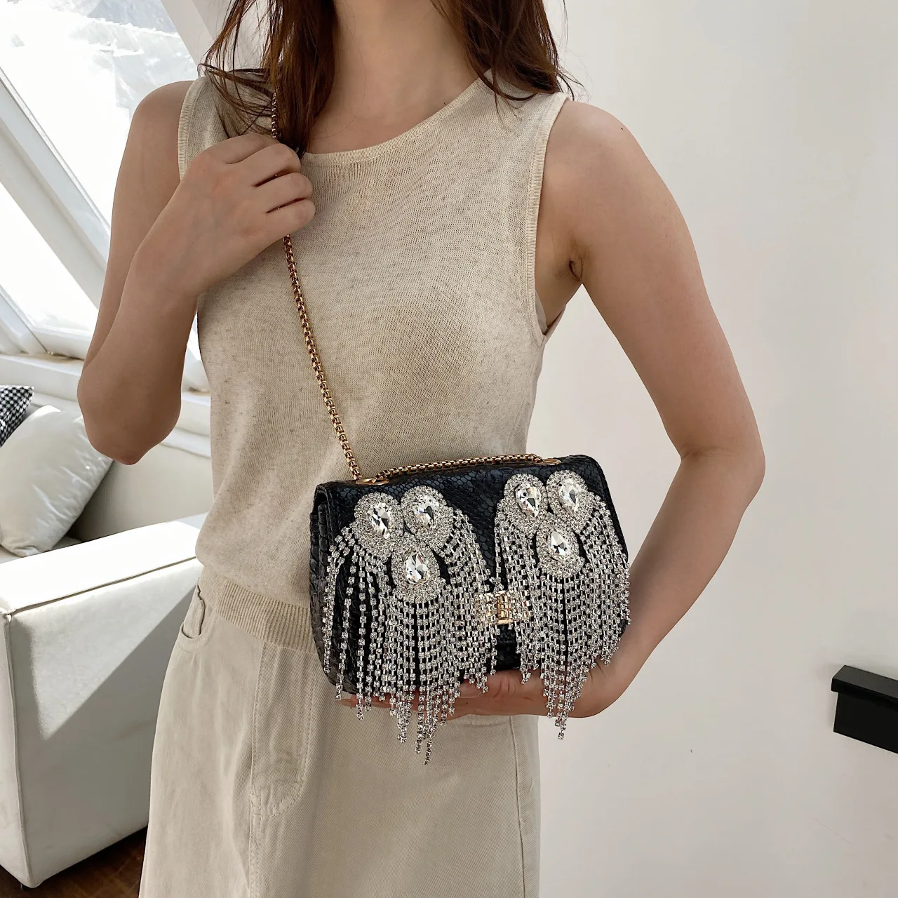 Sparkle Diamond Women's Bag 2023 New Tassel Square Evening Handbag Woman Leather Chain Luxury Party Fashion Shoulder Bag Ladies