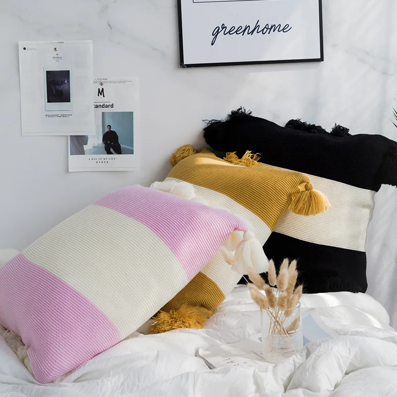 

Cushion Cover 45x45cm/35x65cm Cotton Knit Tassel Patchwork Color Pillow Case for Home Sofa Bedroom Living Room Decoration