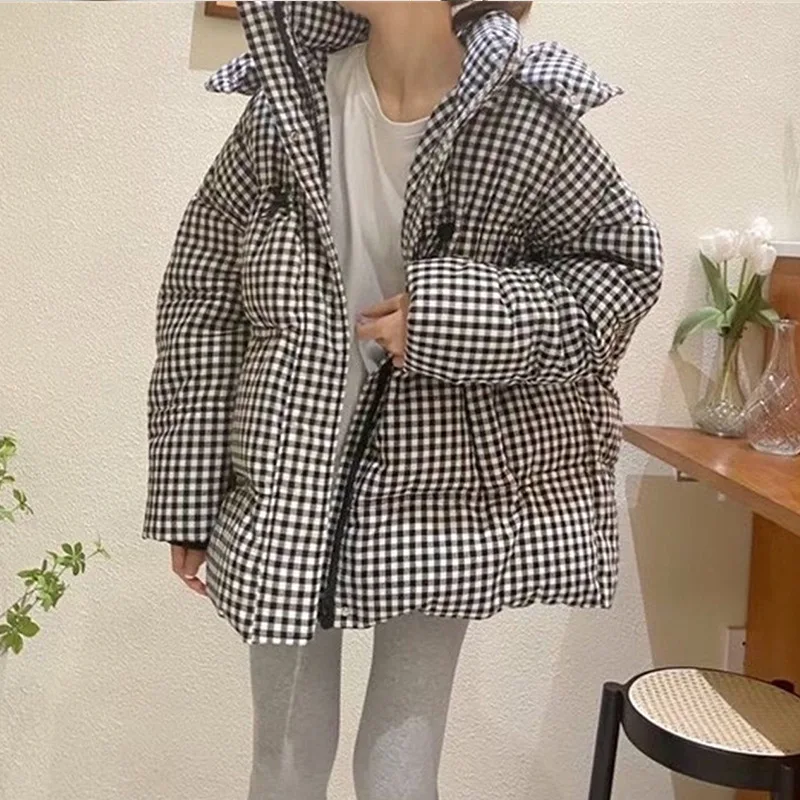 New Plaid Hooded Down Jacket Women's Medium Length White Duck Down Bread Coat Waist Thickening Black and White Warm Loose Jacket