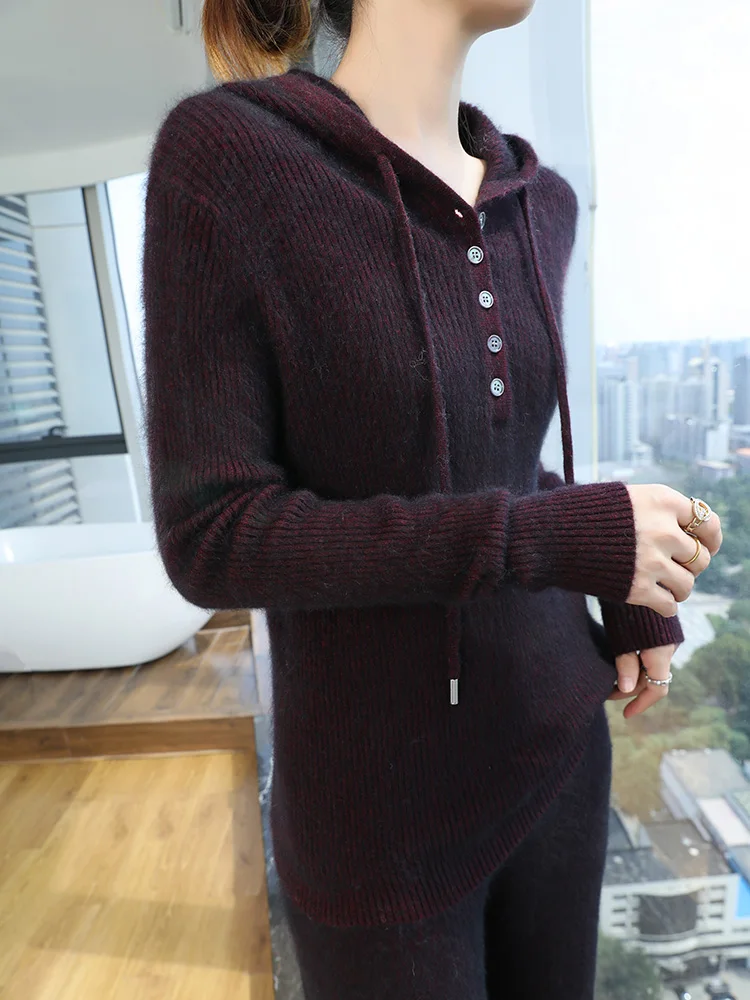 100% чистый норковый кашемировый свитер с капюшоном женский вязаный пуловер