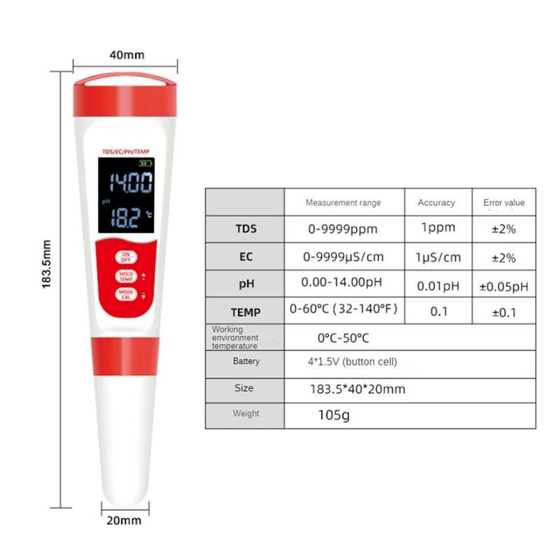 PH Meter Tds Digital 4 In 1 EC TDS Temp For Water Hydroponics Waterproof And PPM Tester Laboratory
