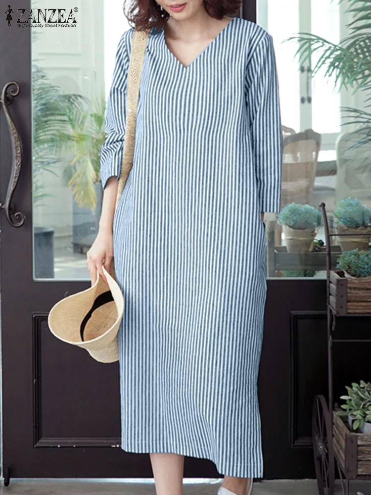 

ZANZEA Spring Women Dress Stripe Printed Casual 3/4 Sleeve Midi Dresses For Women Female Holiday Sundress Oversized Vestidos