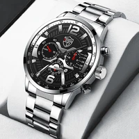 2022 mens fashion watches men luxury silver stainless steel quartz wristwatch calendar male business casual leather watch