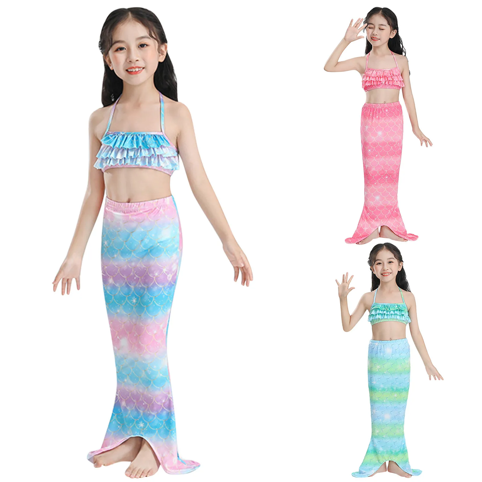 Summer Toddler Kids Girls Bikini Halter Mermaid Print Top Shorts Sets Swimwear Swimsuit Beach 3PCS Outfit Bathing Suit купальник