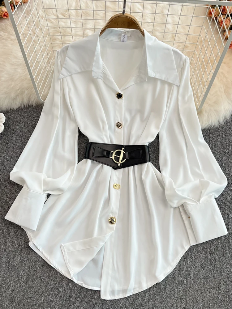

FTLZZ Spring Autumn Elegant Women Notched Collar Long Sleeve Shirt Office Lady Single Breasted Solid Shirt with Belt