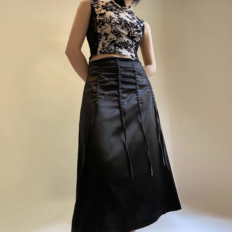 

hirigin E-girl Gothic Grunge Dark Academia Midi Skirt Y2K Aesthetic High Waist Vintage Black Ruched A-line Skirt Harajuku 2022