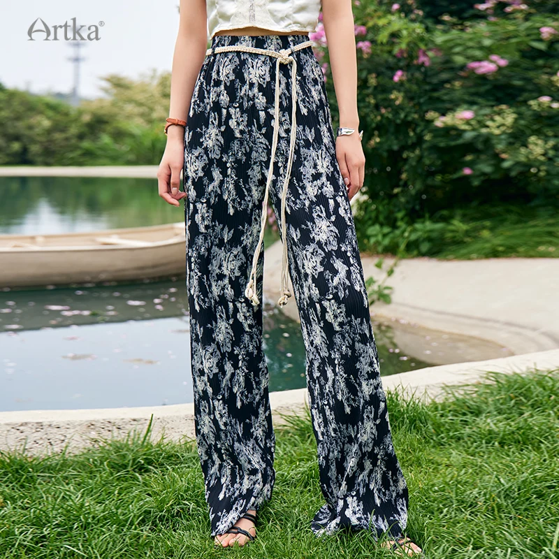 ARTKA 2023 Summer New Fashion Vintage Print Folds Draping Wide Leg Pants Female Straight High Waist Trousers With Belt KA92133X