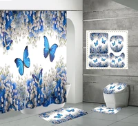 4 pcs flower butterfly shower curtain set colorful floral waterproof fabric bath curtains blue rug toilet lid cover bathroom mat