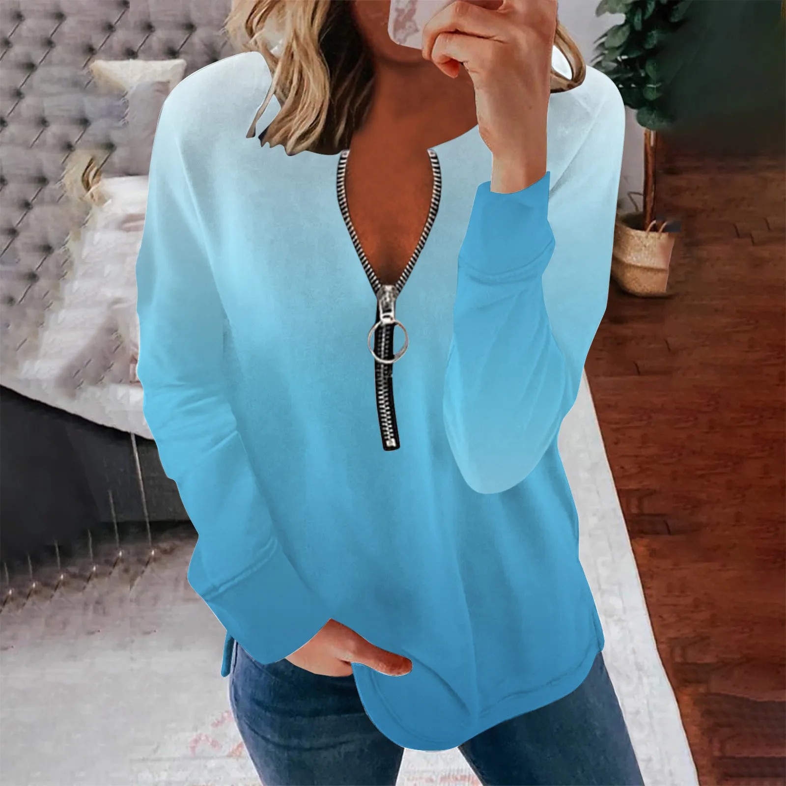 

Women Gradient Pringting T-Shirt Casual Zipper V-Neck Tee Tops Long Sleeves Tunic Casual Loose T Shirts Street Top Female Blusas