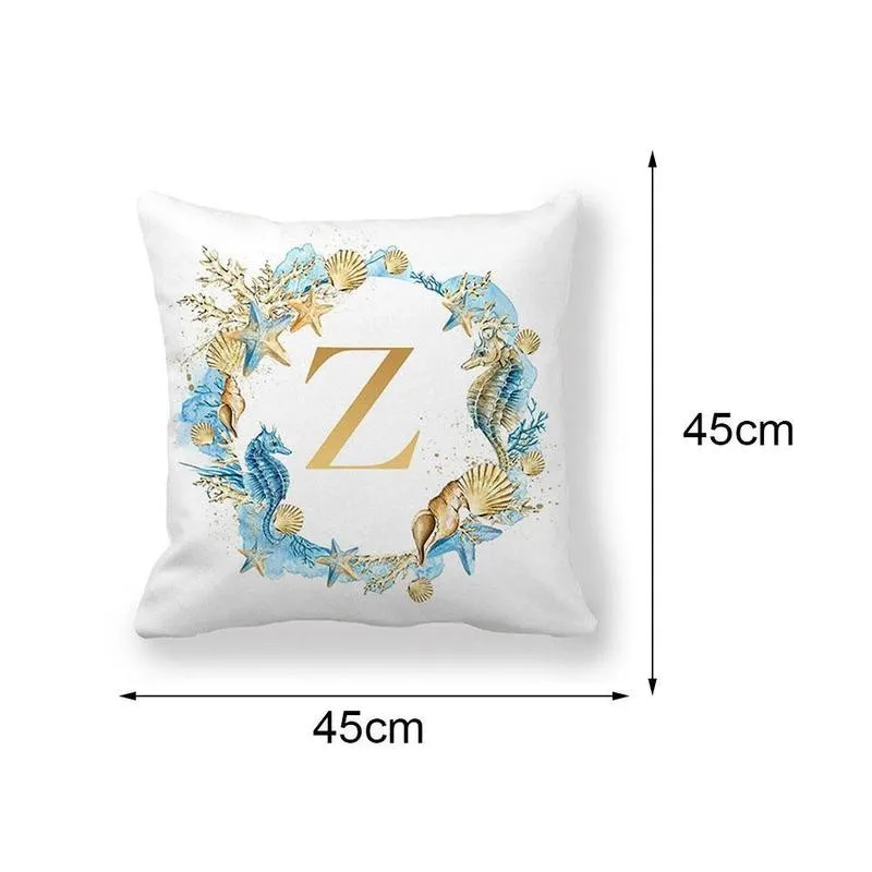 

English Alphabet Marine Flower Print Square Pillowcase Home Car Seat Sofa Decoration Cushion Cover Short Plush Pillowcase