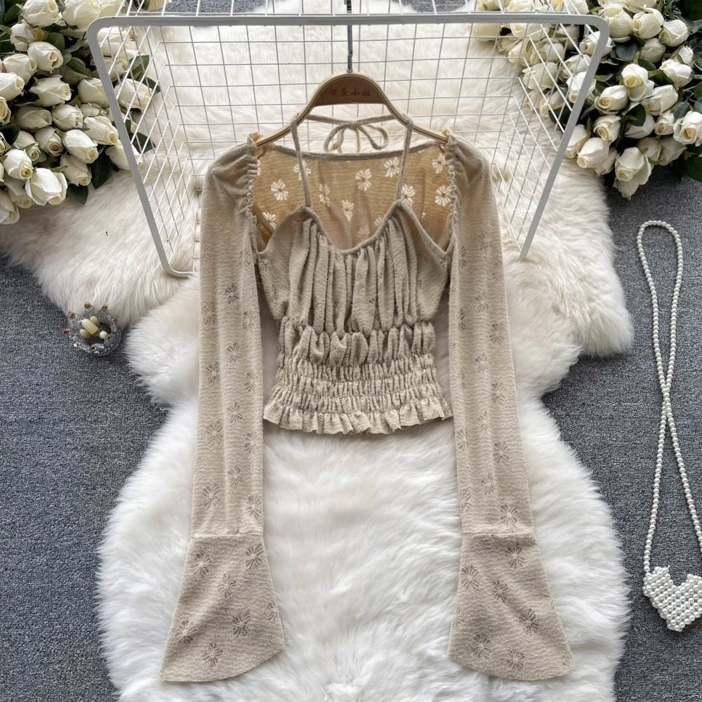 

Осенний Новый пикантный шифоновый топ с расклешенным рукавом и воротником-стойкой