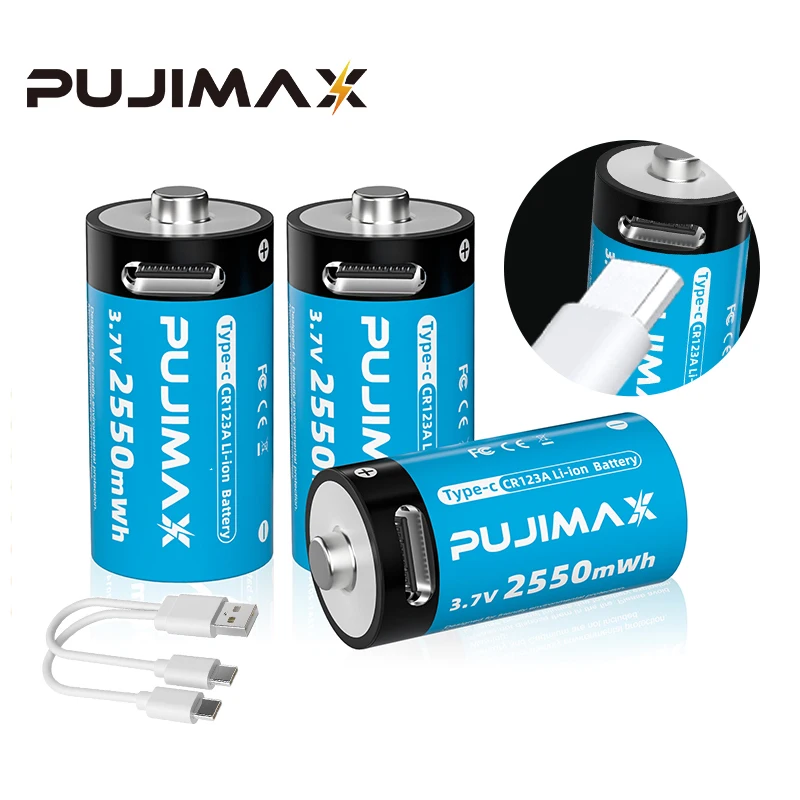 

PUJIMAX New 3.7V CR123A Lithium Batteries 2550mWh Rechargeable Li-ion Battery Support Type C Cable Charging For Flashlights Toy