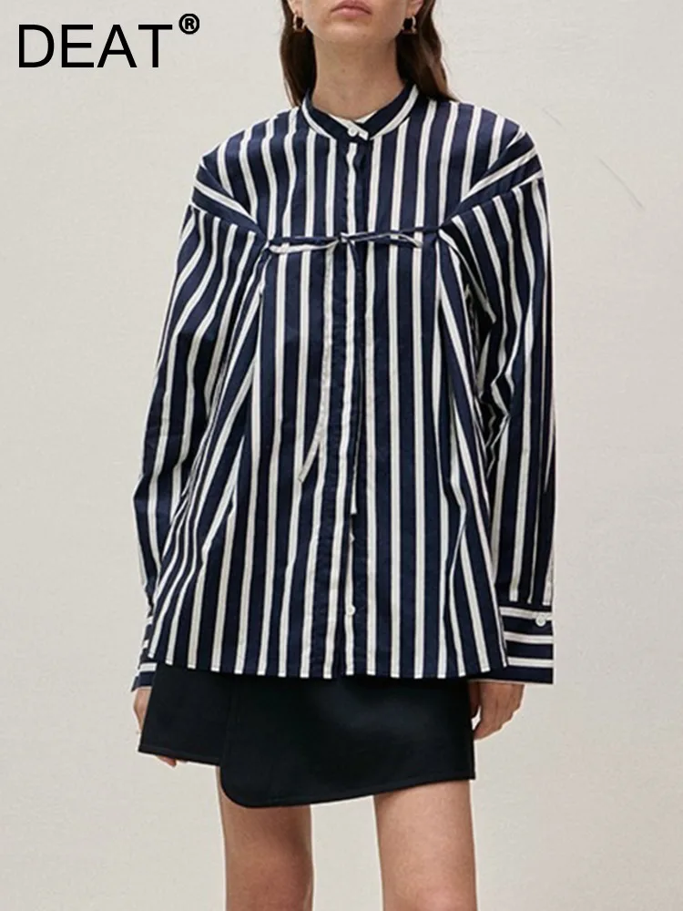 

DEAT Fashion Women Stripe Shirt Round Collar Single Breasted Lace-up Loose Thin Full Sleeve Cotton Blouse Autumn 2023 New 7AB549