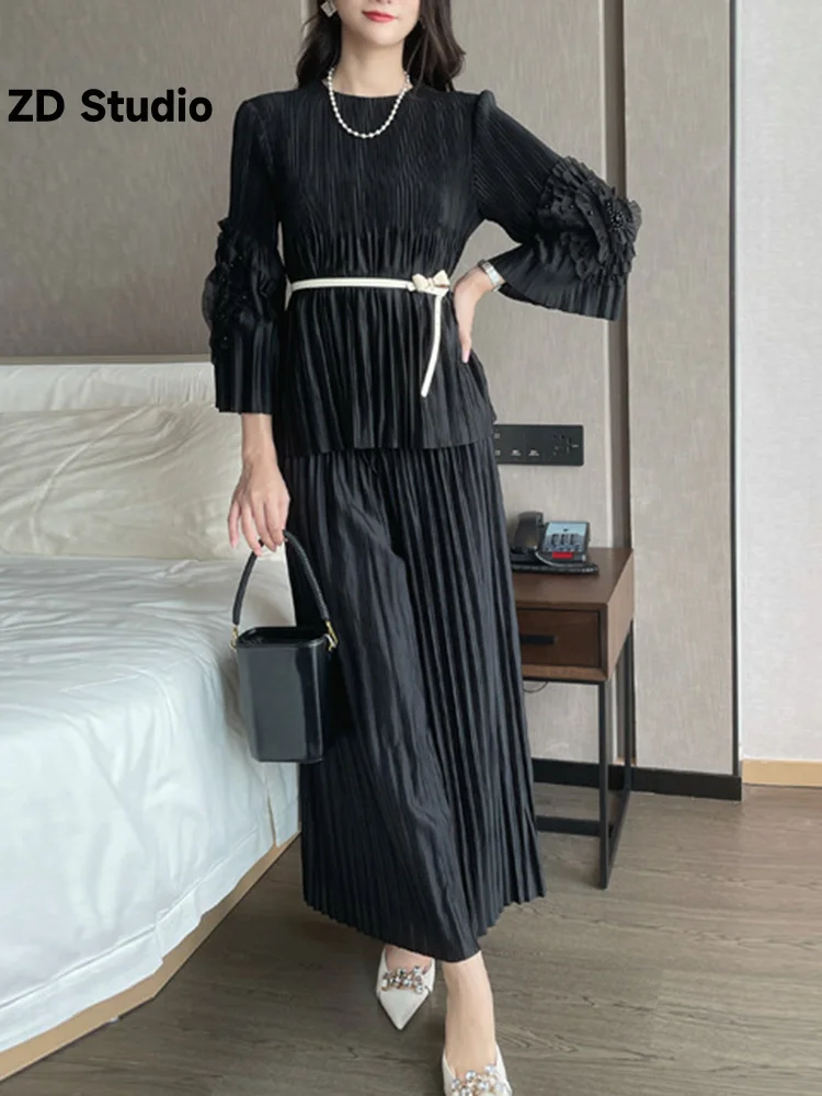 

[ZD Studio] Fashion Pleated 2 Pieces Set Women Solid Round Neck Floral Tops High Waist Wide Leg Pants 2023 Autumn New 2AA1156