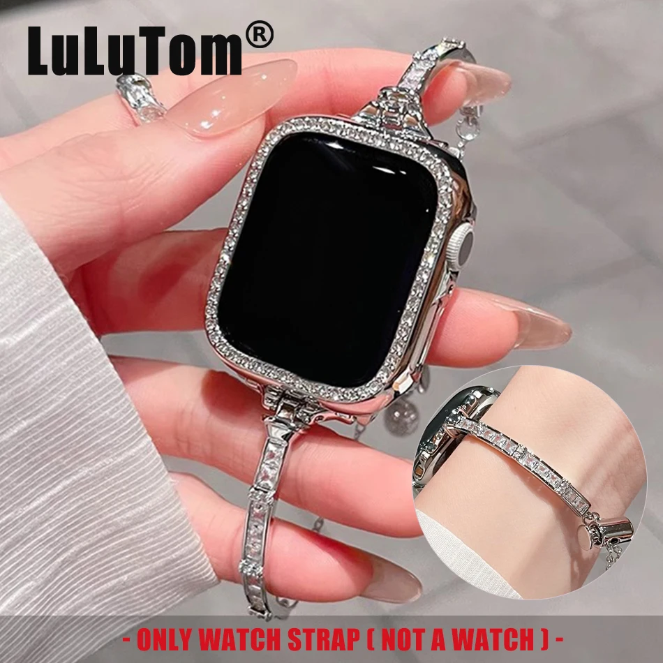 Фото Роскошный тонкий ремешок с бриллиантами для Apple Watch серии 11, 10, 9, 8, 7, 6 SE 5, UItra iWatch 49/46/45/44/42/41/40/38 мм, металлический браслет №1