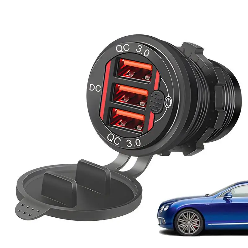 

USB Car Charger QC 3.0 3-Ports Quick Charger Block With Switch Automotive Rapid Charging Block Car Charger For Road Trip