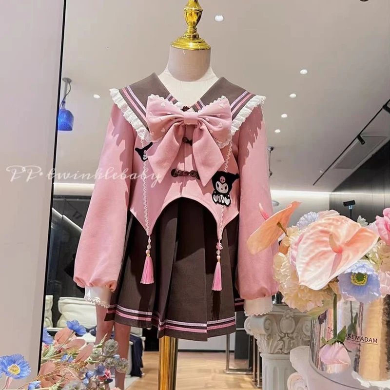 

Kawaii Sanrios Kuromi Spring and Autumn Girl Jk Uniform Suit Cartoon Long Sleeves Girl Preppy Style Pleated Skirt Two-Piece Set