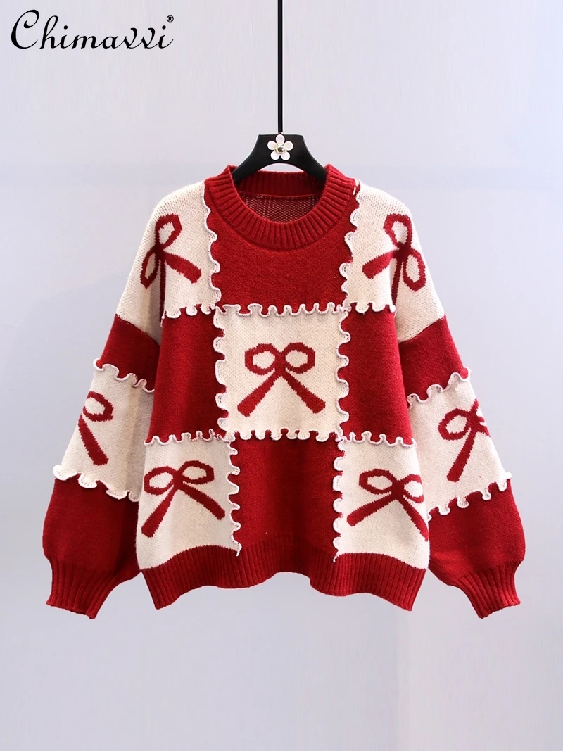 

Женский красный свитер с длинным рукавом, осенне-зимние свободные вязаные Повседневные пуловеры с бантом, новинка 2022, пуловеры большого раз...