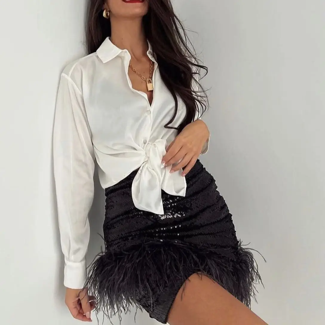 

JUNWU Za Summer Women's Black High Waist Sequined Asymmetric Feather Trim Sexy Mini Skirt Chic Nightclub Style