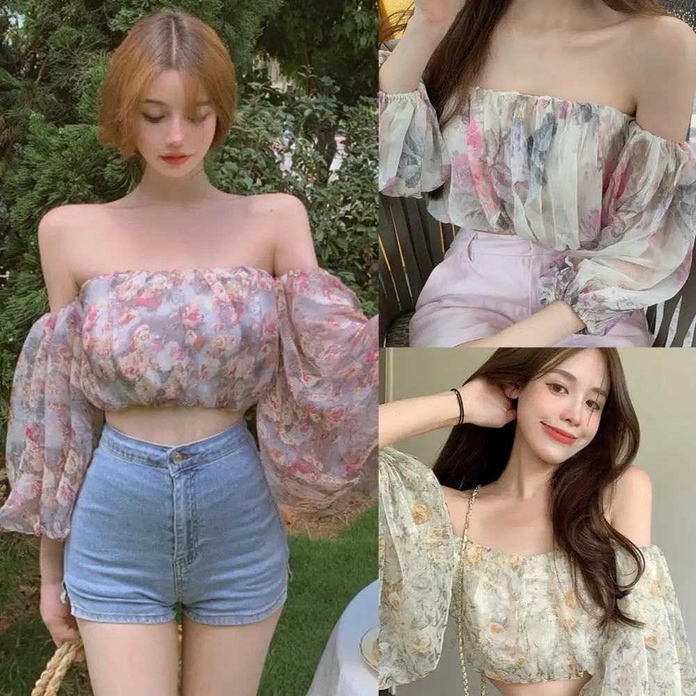 

Женская блузка с открытым пупком и цветочным принтом, мягкий пуловер с открытыми плечами и рукавами-фонариками, топ, клубная одежда