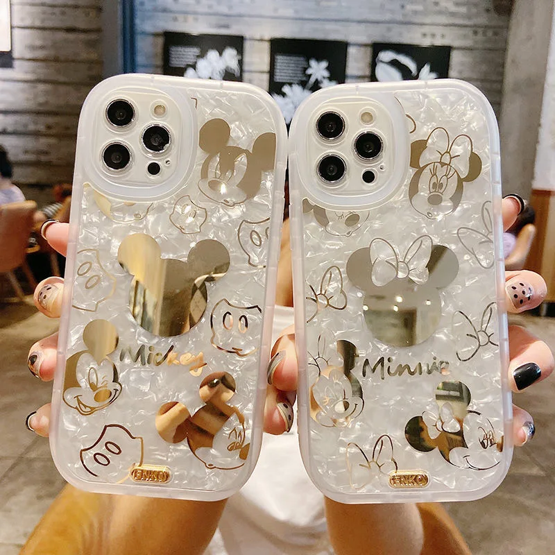 

Disney Mickey Minnie Luxury Shell Pattern Quicksand Stand Phone Cases For iPhone 13 12 11 Pro Max XR XS MAXX Soft Cover Gift
