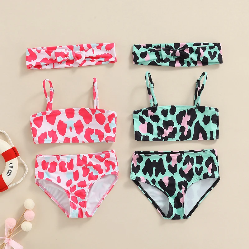 

2022 Kid Bikini, Sleeveless Off Shoulder Tops Leopard Swimming Summer Beach Thong Swimwear + Headband